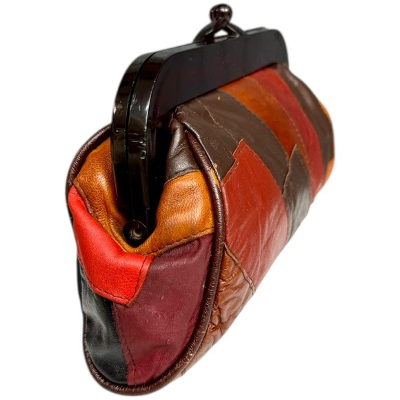 Vintage Leather Patchwork Clutch 70s Boho Western Oversized Clutch Bag Kisslock - Picture 4 of 15